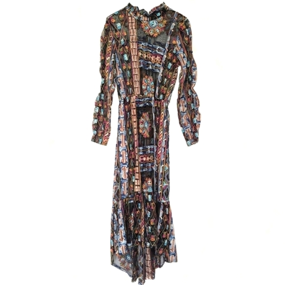 Zara Embroidered Mesh Sheer Midi Dress Hi-Lo Hem Long Sleeve with Slip Dress- S - Picture 3 of 16